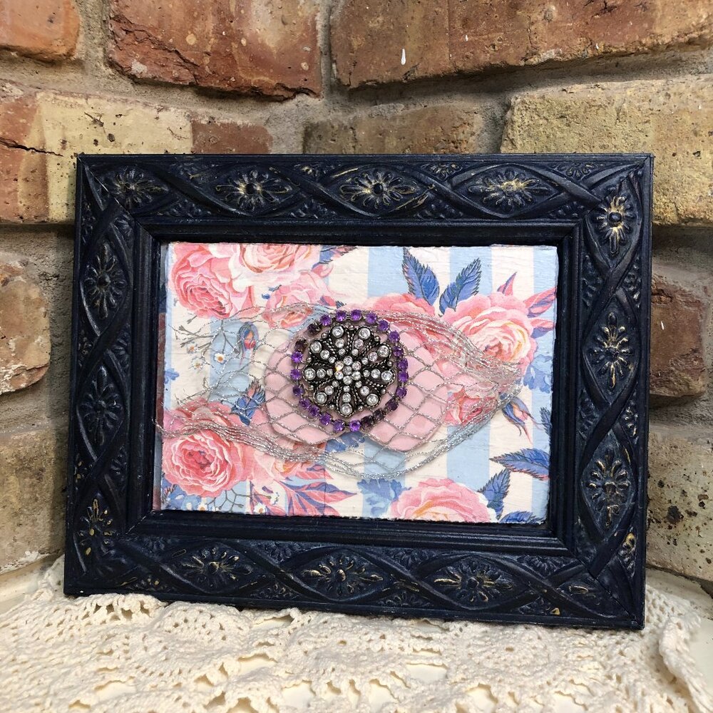 Hand-painted Frame Mixed Media Jewelry Brooch Faux Diamonds Blue Art